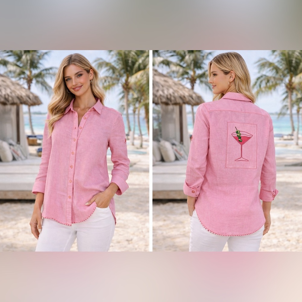 Robert Graham Pink Linen Button Up Shirt Martini Olive Embroidery Women's Size L